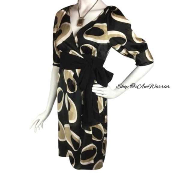 Banana Republic satin puff sleeve abstract printed wrap dress *shop@iamwarrior - Picture 3 of 7